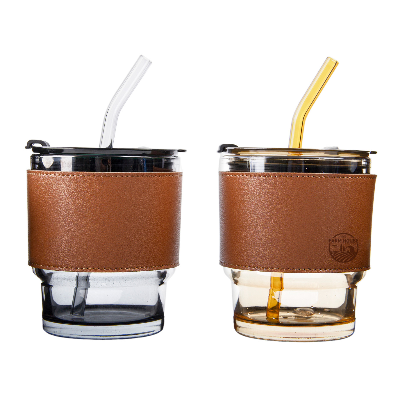 Glass Coffee Cup With Lid & Straw & Leather Sleeve