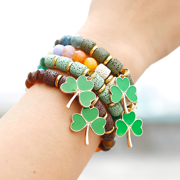 Volcanic Stone Beaded Bracelet With Leaf Clover4