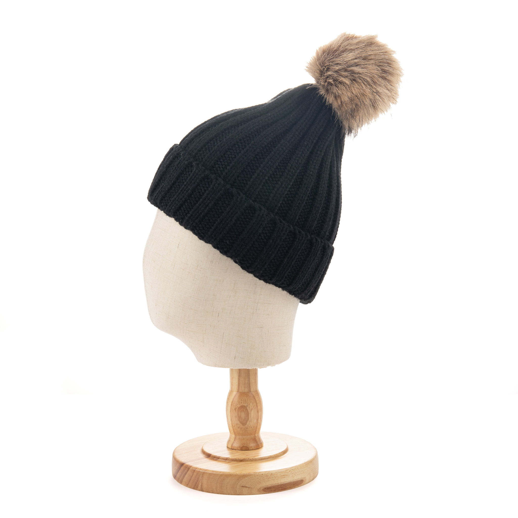 Ribbed Pom Pom Beanie With Cuff