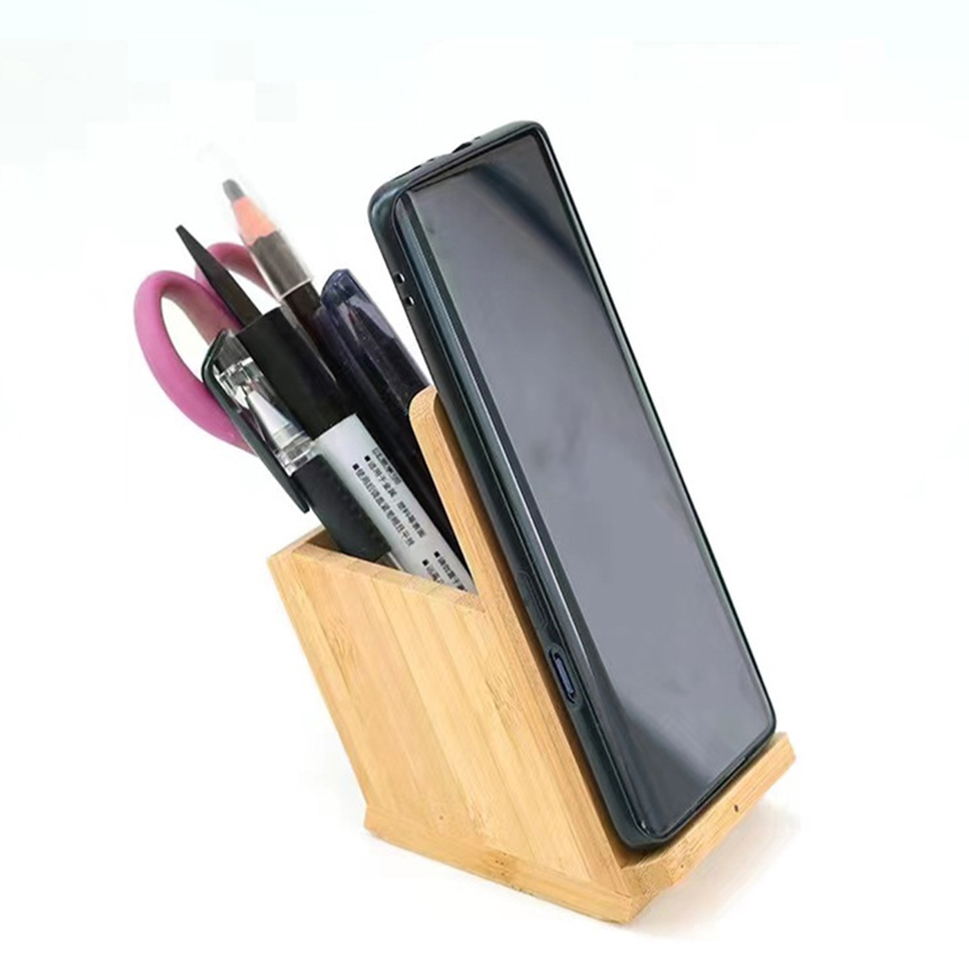 Eco-friendly Bamboo Pen Holder With Wireless Charger