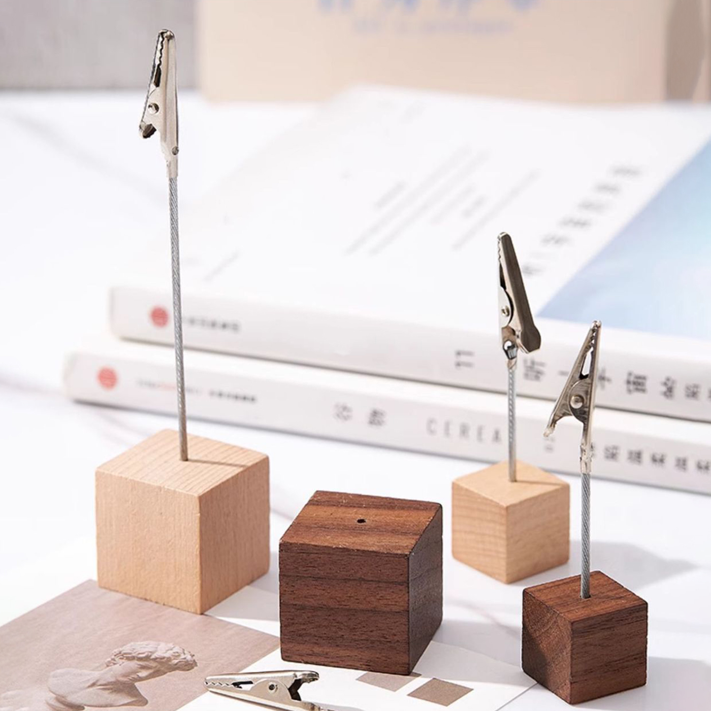 Wooden Cube Business Card Holders With Crocodile Clips