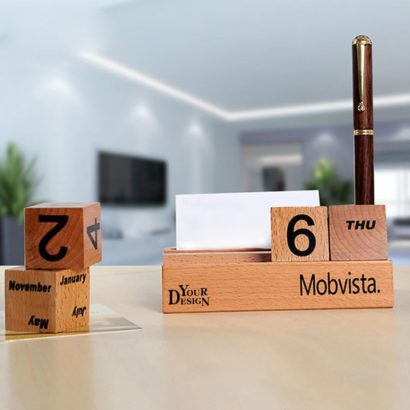 Wooden Blocks Perpetual Calendar With Pen Holder1