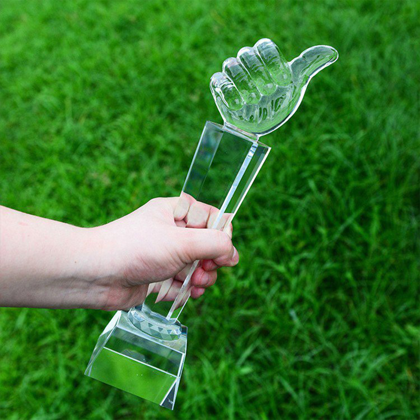 Engraved Crystal Thumbs Up Trophy2