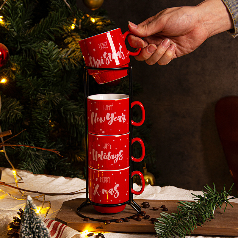 Ceramic Stacking Mugs With Rack Set2